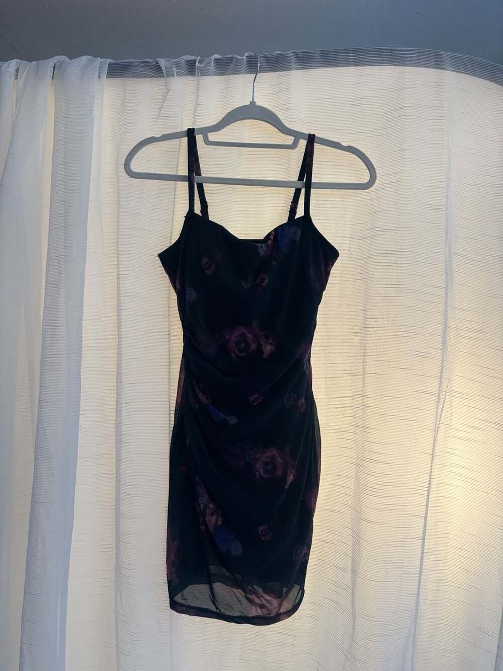 Popilush Mesh Floral Dress Size S Purple Black Cami Ruched